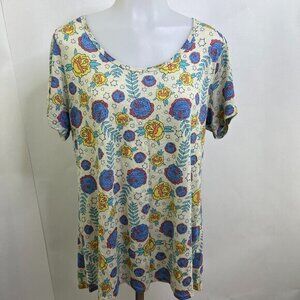 Lularoe L Classic T Floral White Blue Short Sleeve‎ Scoop Neck T-shirt Tee